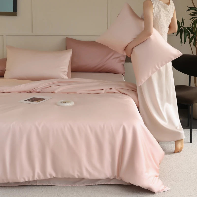 MC Collection 100% Mulberry Silk Bedding Set shown on a bed, featuring smooth silk sheets and pillowcases in a luxurious home decor setting.