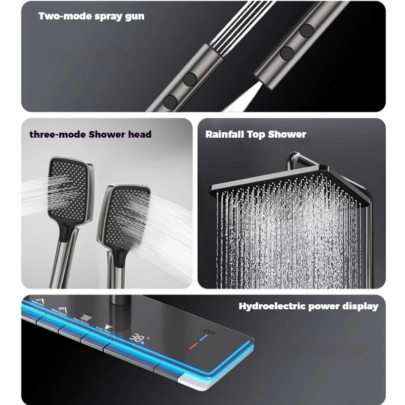 MC THE BLACK DIAMOND four-function digital display shower set with rainfall and pressurized wall-mounted faucet, bath shower system.
