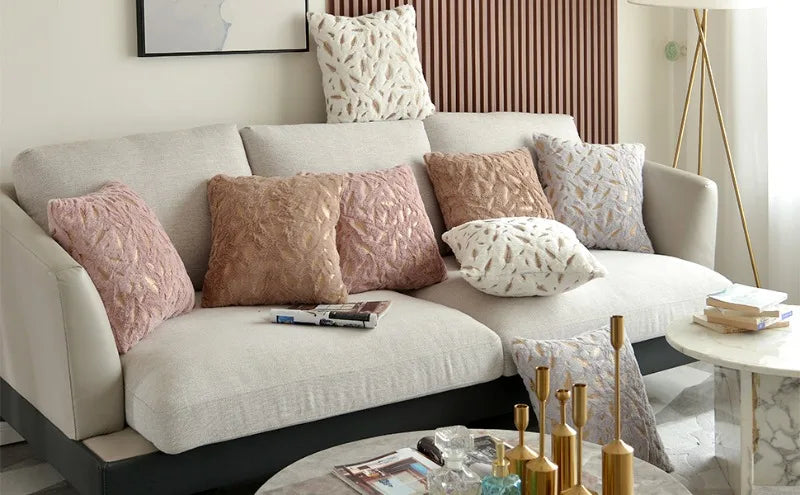 Gold feather velvet pillow cover with decorative feather design, 45x45 cm, perfect for sofa or car decor by ๐๐ ๐๐๐ ๐น๐๐๐๐ ๐ป
