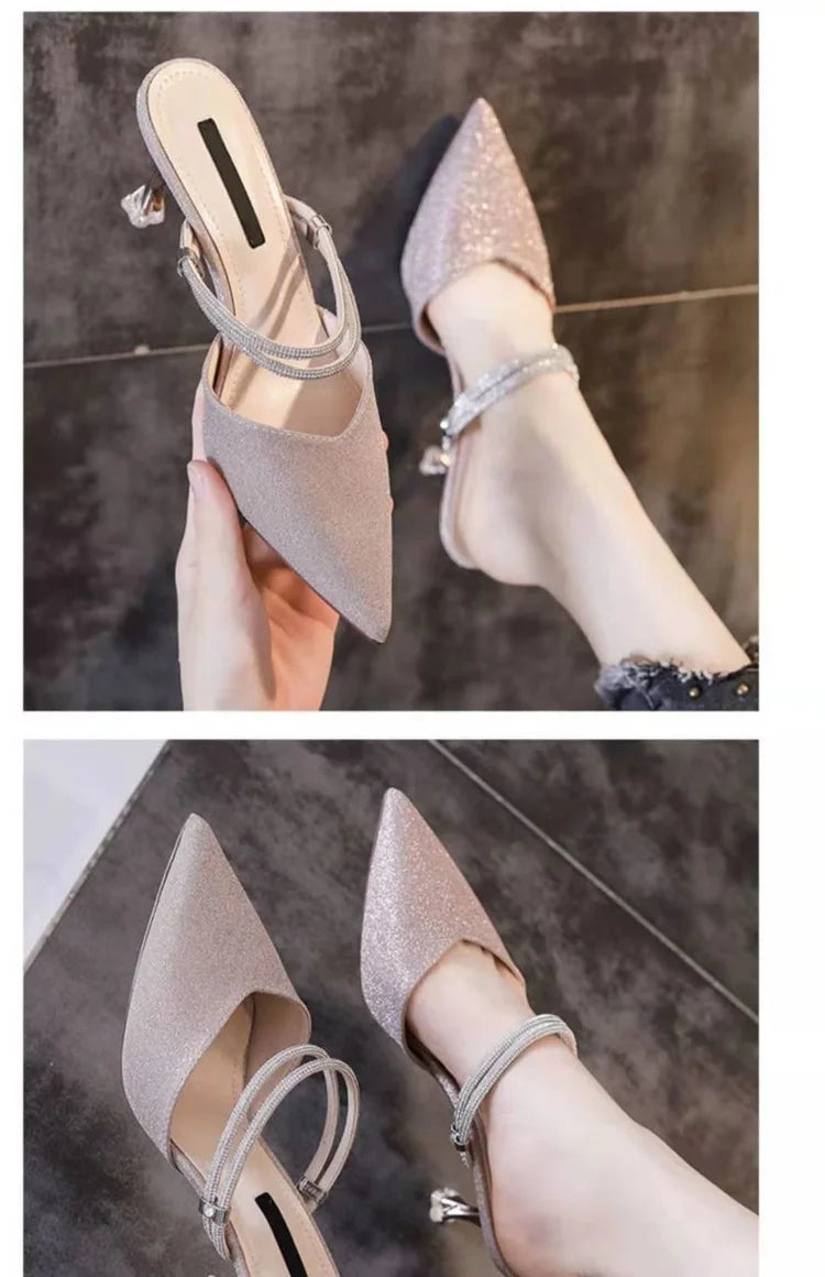 Women's Faionable f slip-on sandals by Mohammad Collection with thin heels, two-way wear, blue fairy-like design, high-end PU material.