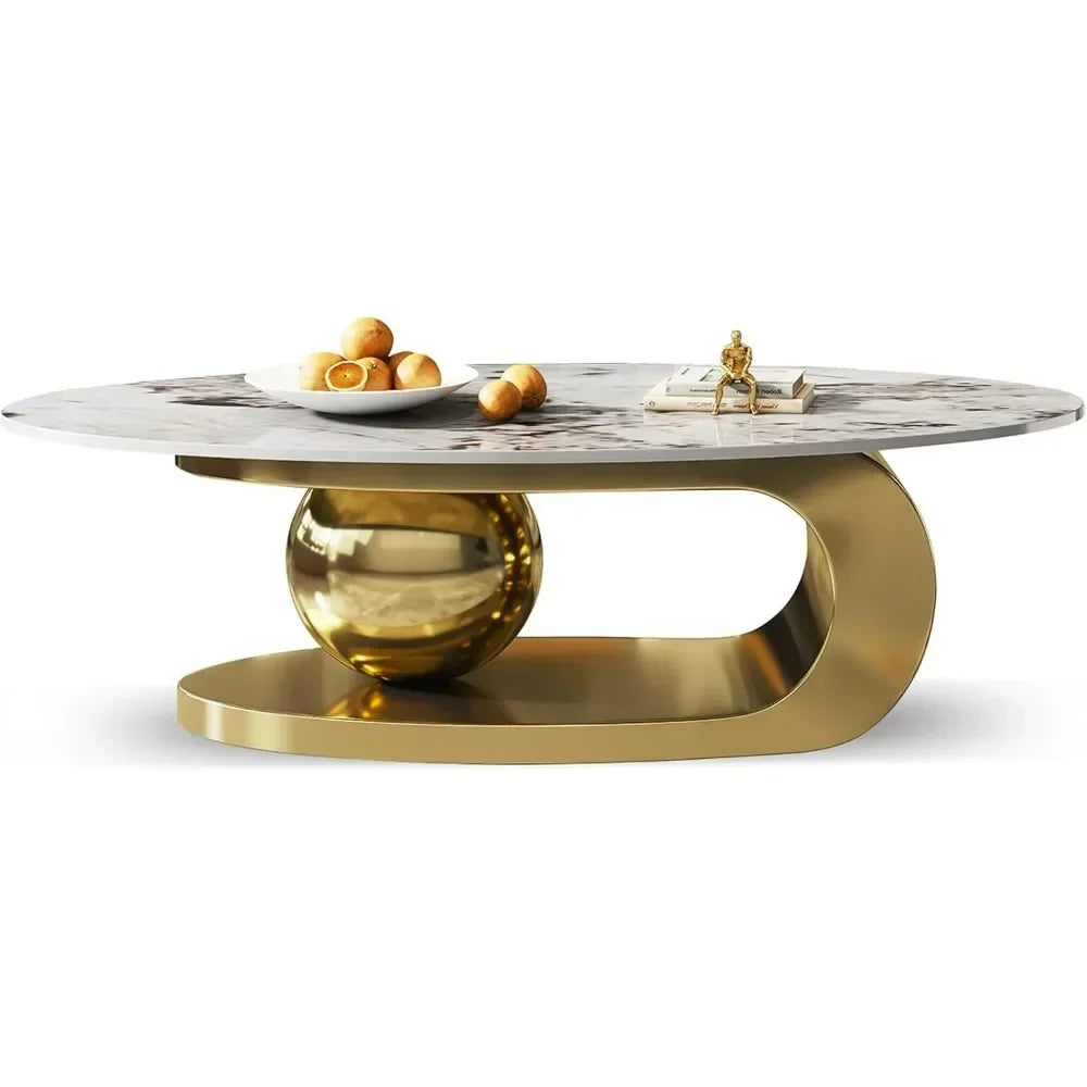 Modern Oval Stone Coffee Table with Abstract Gold Metal Base - Perfect for Stylish Living Rooms-Gold,51"Lx28Wx16.5H - https://mohammadcollection.com