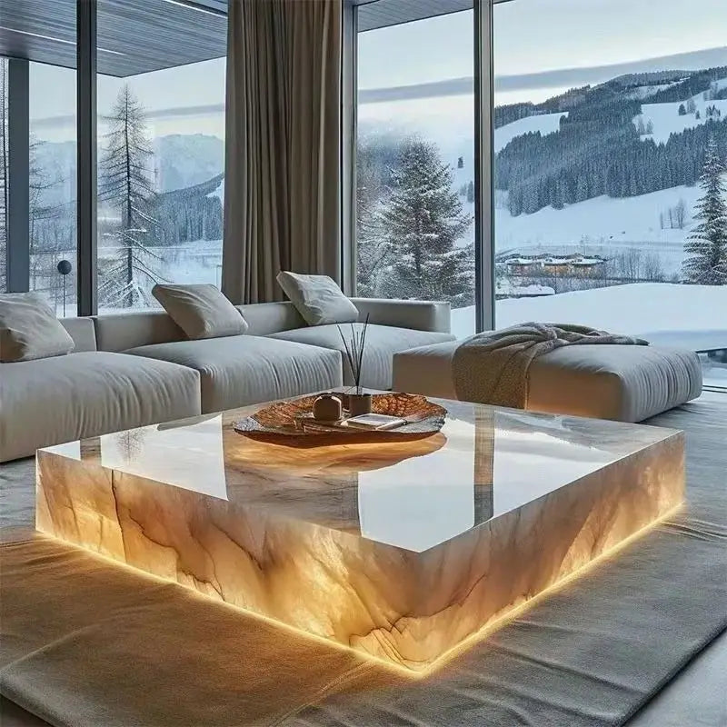 Square Ice Crack Onyx luminous coffee table by MC THE BLACK DIAMOND featuring backlit translucent surface, ideal for bars and restaurants.