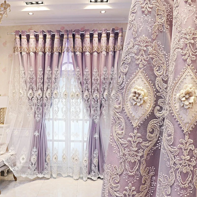 Luxury vintage-style embroidered curtains from MC THE BLACK DIAMOND, showcasing intricate embroidery and elegant fabric details.