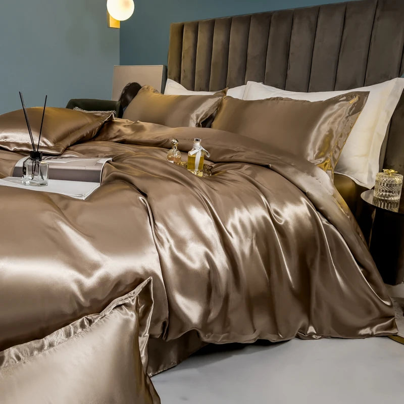 Luxury silk bedding set with duvet cover, bedsheet, and pillowcases from 𝕄𝕔 𝕋𝕙𝕖 𝔹𝕝𝕒𝕔𝕜 𝔻𝕚𝕒�