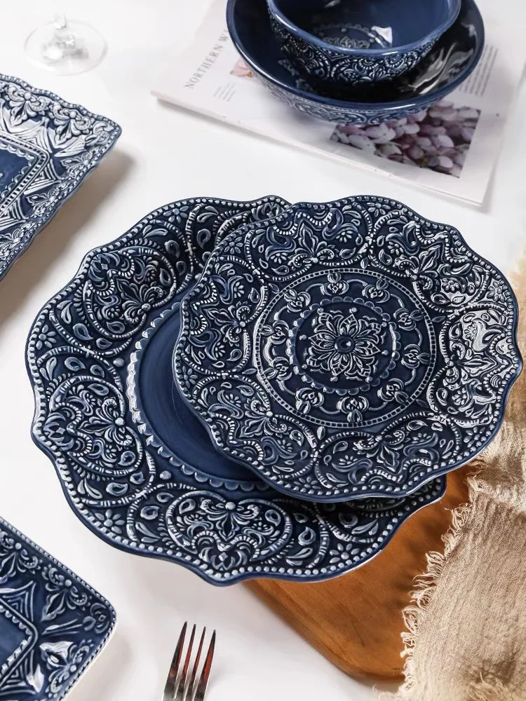 Blue retro relief ceramic tableware dishes set by 𝕄𝕔 𝕋𝕙𝕖 𝔹𝕝𝕒𝕔𝕜 𝔻𝕚𝕒𝕞𝕠�