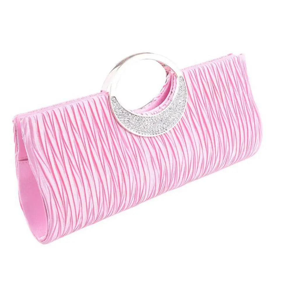 Luxury women's satin clutch bag with rhinestones, pleated evening design, featuring a handheld and shoulder strap for elegant occasions.