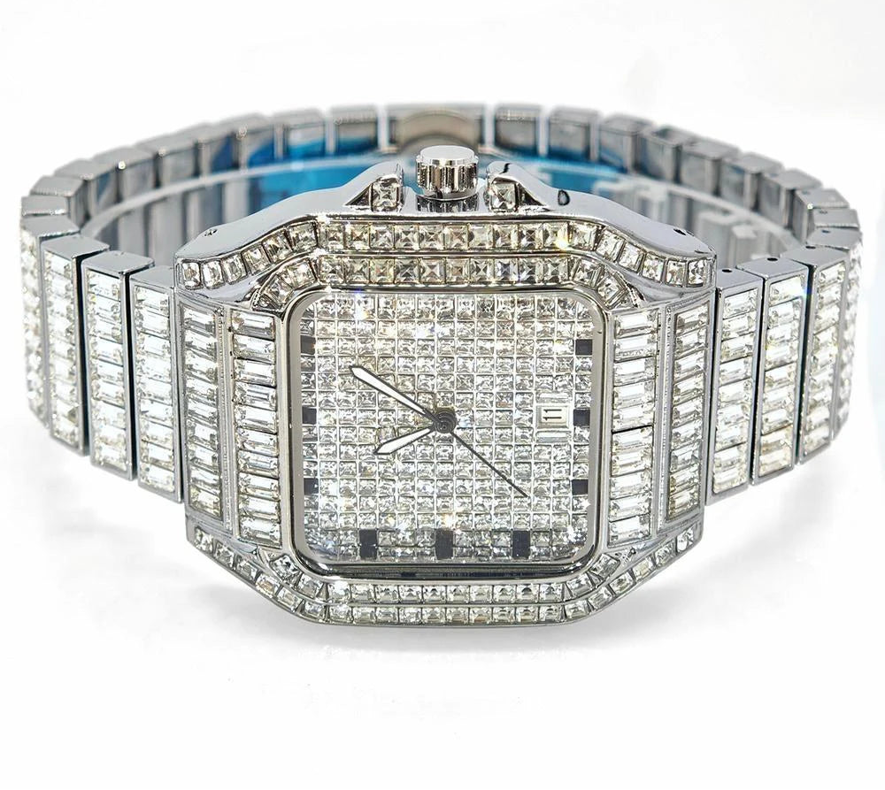 Luxury MC THE BLACK DIAMOND rose gold men's watch with stainless steel band, rectangular iced-out diamond face, quartz movement.