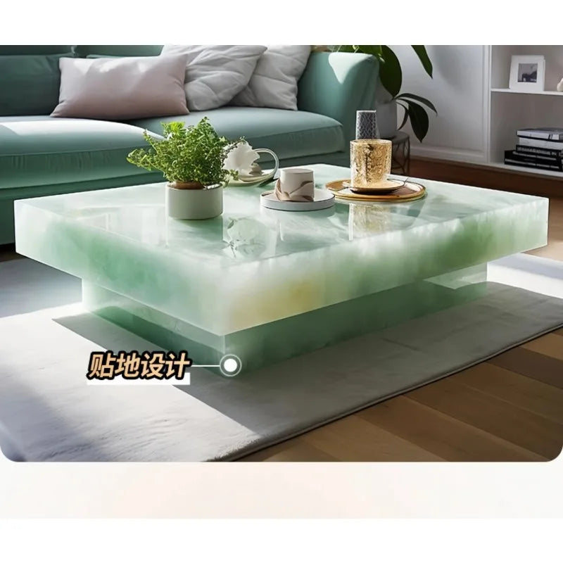 Square Onyx luminous coffee table by MC THE BLACK DIAMOND, backlit translucent design for bar and restaurant settings.