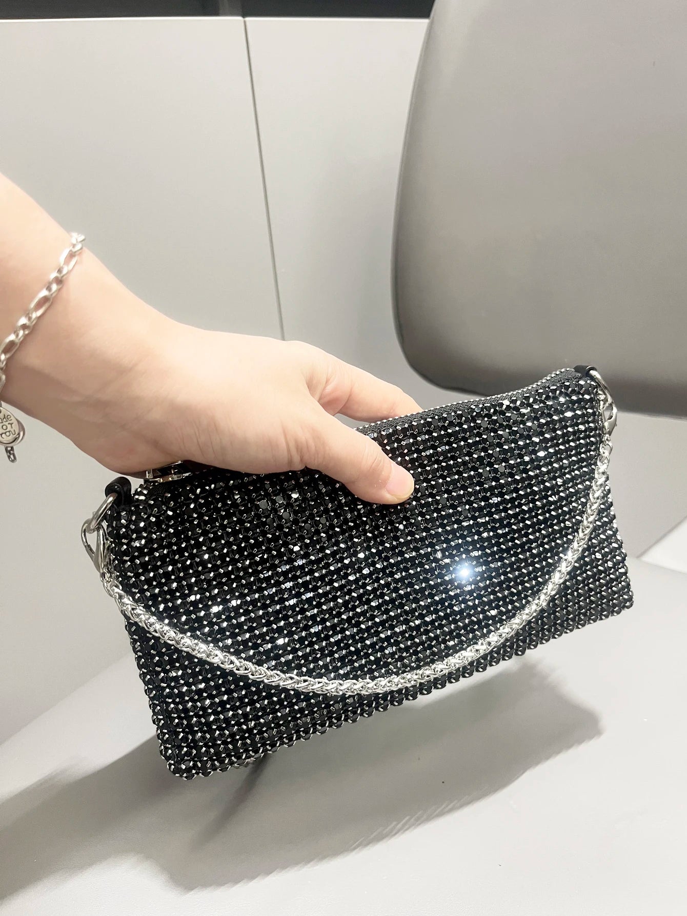 Luxury MC THE BLACK DIAMOND rhinestones clutch purse with handle, elegant women’s shoulder bag and hand bag for special occasions.