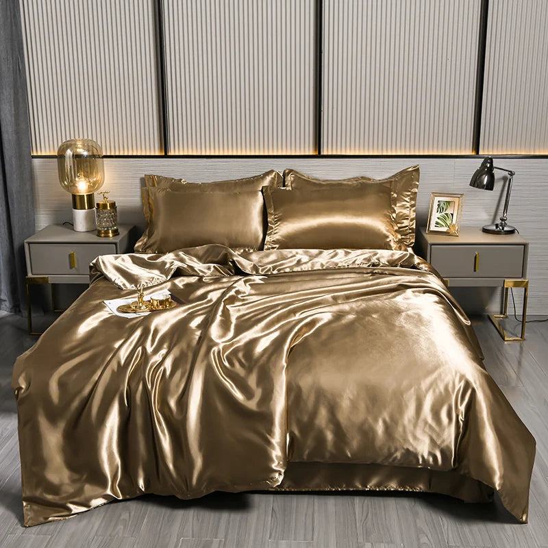 Luxurious Mulberry silky bedding set with queen-sized satin duvet cover, sheets, and pillowcases in soft, skin-friendly fabric.