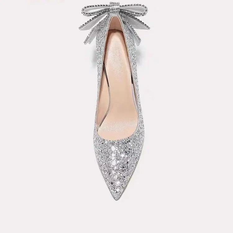 Silver crystal soft leather slip-on high heels for women with pointed toes, perfect for weddings and banquets, by Mohammad Collection.