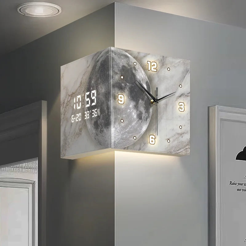 Modern double-sided electronic wall clock with perpetual calendar, designed for living room corner decor by ๐๐ ๐๐๐ ๐น๐๐๐๐ ๐ป๐๐