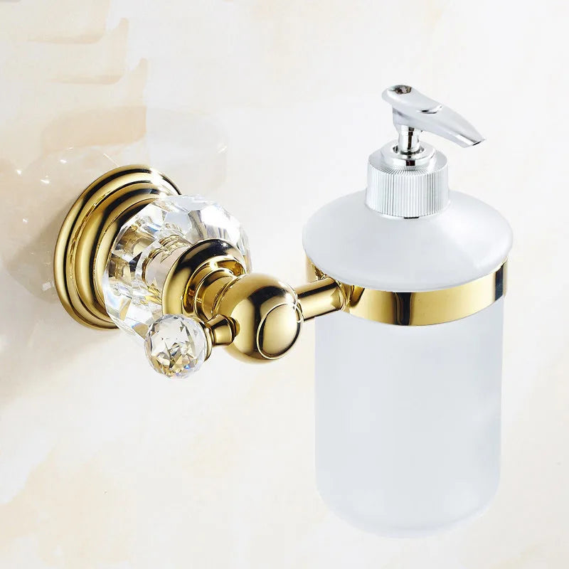 Luxury gold polished brass bathroom accessories set with wall-mounted crystal hardware, including soap dish, towel holder, and robe hook.