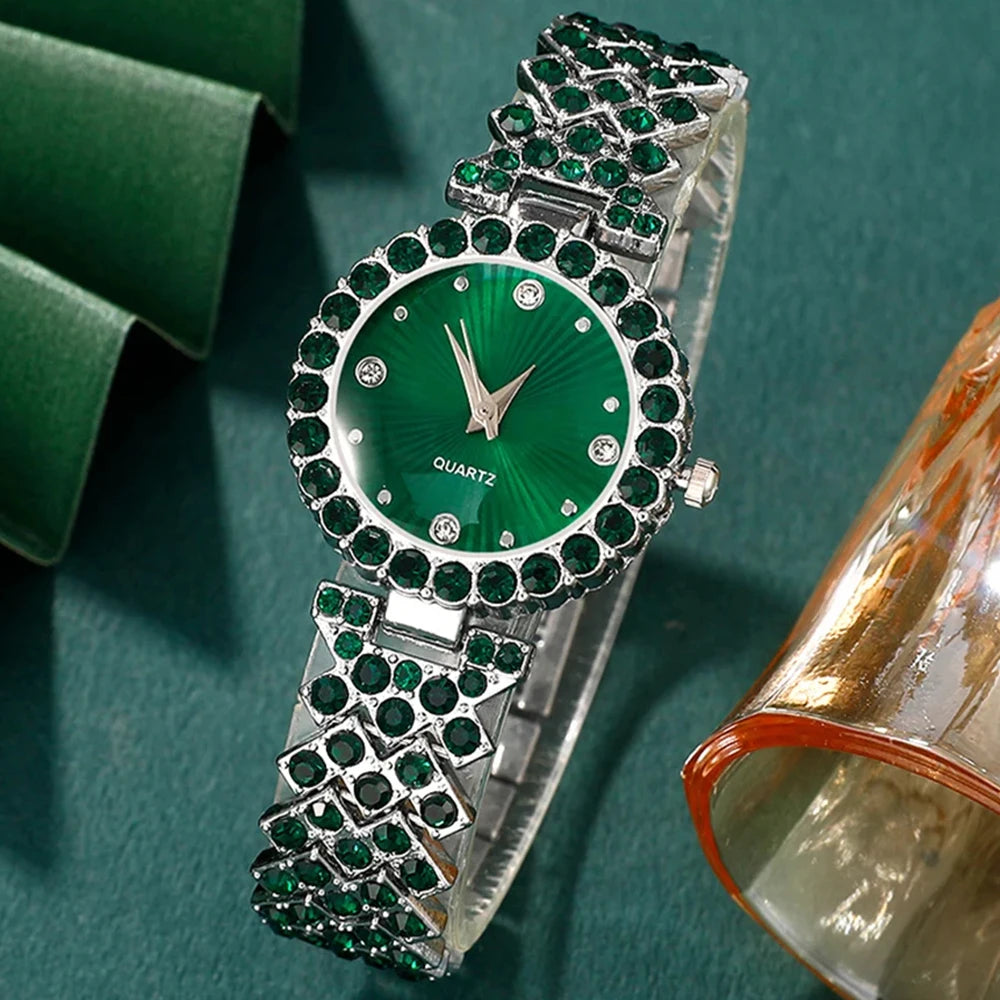 Women Fashion Watches Heart Rhinestone Ring Necklace Earring Jewelry Set Luxury Dress Quartz WristWatch Simple Elegant Watch Gif - https://mohammadcollection.com