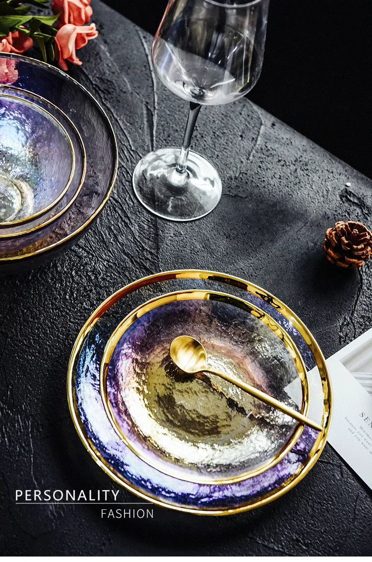Rainbow glass dinner plates and salad bowls with gilt rim, clear serving tray from ๐๐ฎ ๐๐๐ ๐น๐๐๐๐ ๐ป๐๐๏ฟฝ