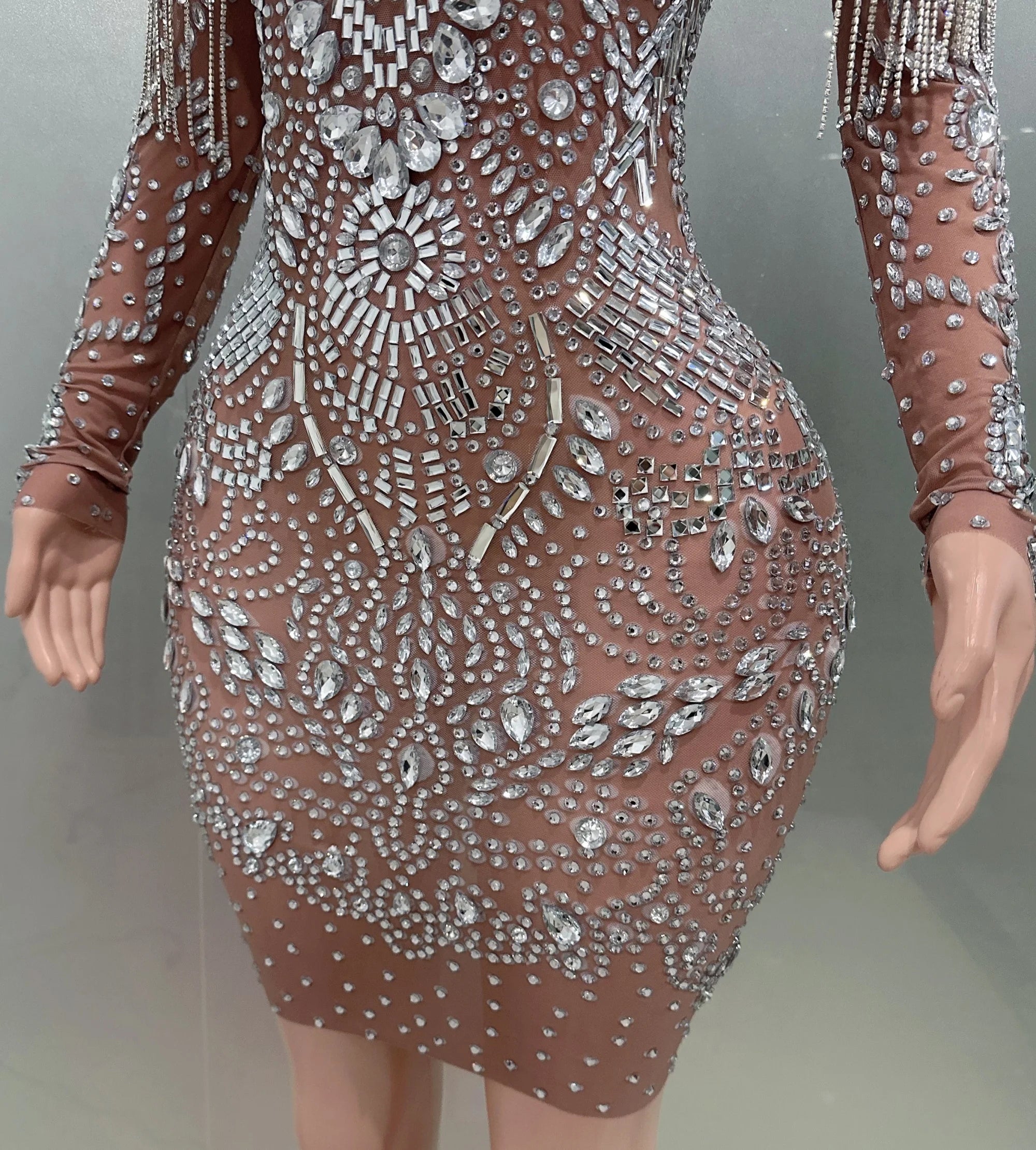 MC THE BLACK DIAMOND sheath mini dress with rhinestones and tassels, perfect for nightclub, party, or stage performance.
