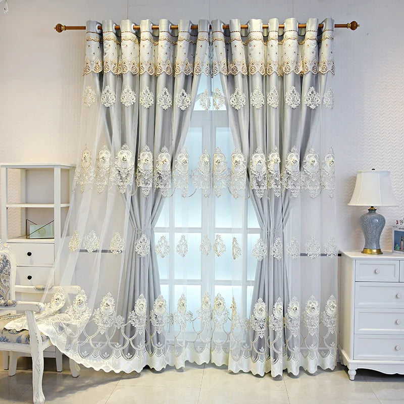 Elegant Double-Layer Curtains with Embossed Base & 3D Embroidered Detailing Decorative Blackout Drapes for Bedroom/Living Room - https://mohammadcollection.com