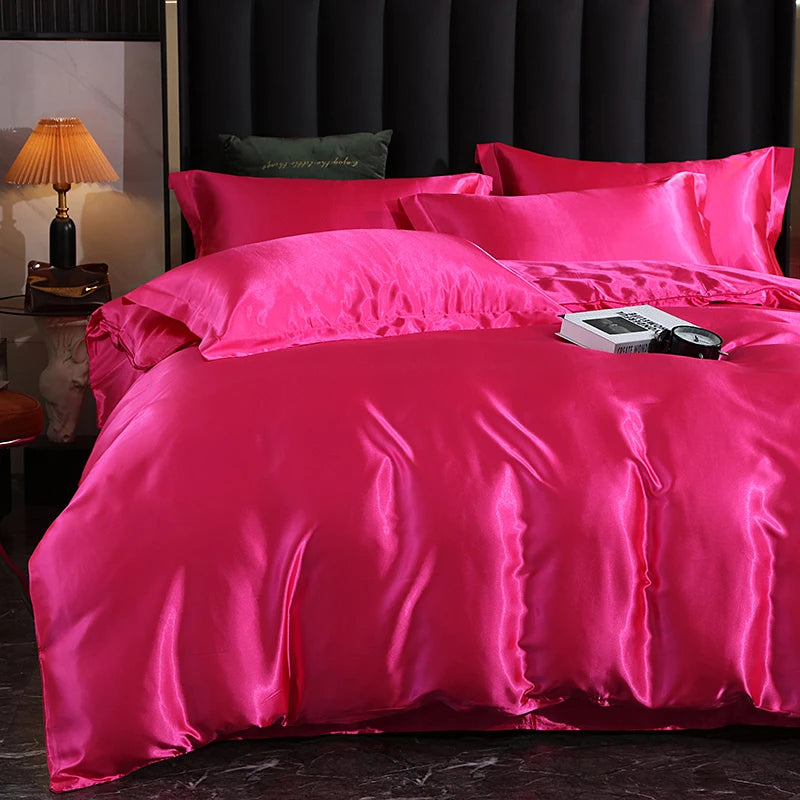 Luxury satin bedding set with fitted sheet and duvet cover by MC THE BLACK DIAMOND, featuring elegant, smooth satin fabric.