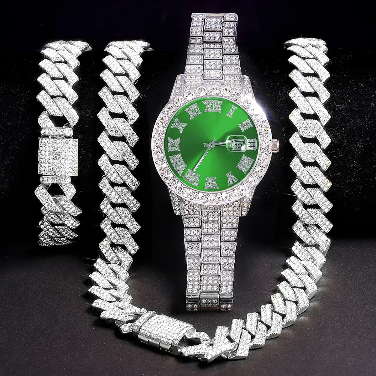 Set of three men's silver watches by MC The Black Diamonds featuring hip-hop punk style with inlay diamond accents.
