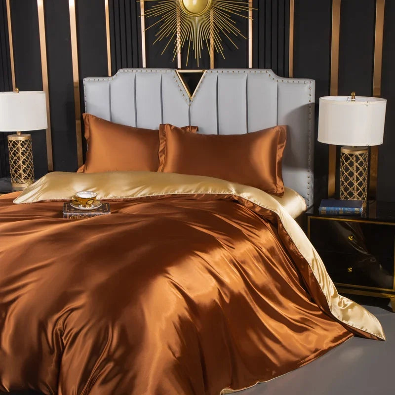 Luxurious solid silk bedding set with duvet cover, fitted sheet, flat sheet, and pillowcases from ๐๐ ๐๐๐ ๐น๐๐๐๐ ๐ป๐