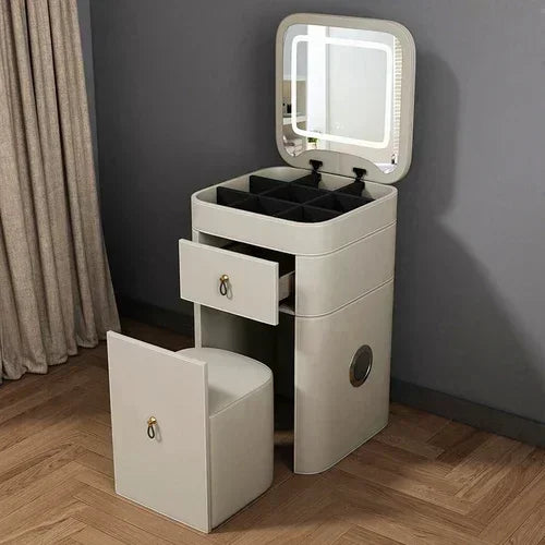 Modern MC THE BLACK DIAMOND makeup vanity with mirror, storage drawers, and stool, featuring sleek Nordic design for hotel or home use.