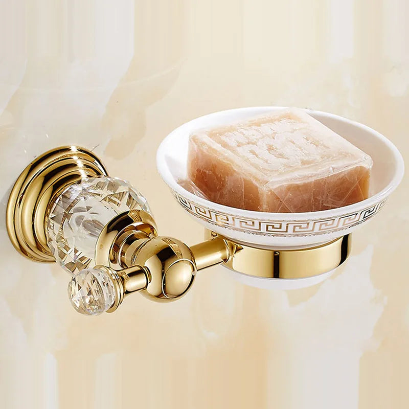 Luxury gold polished brass bathroom accessories set with wall-mounted crystal accents, part of 𝕄𝕔 𝕋𝕙𝕖 𝔹𝕝𝕒𝕔𝕜 𝔻𝕚𝕒�
