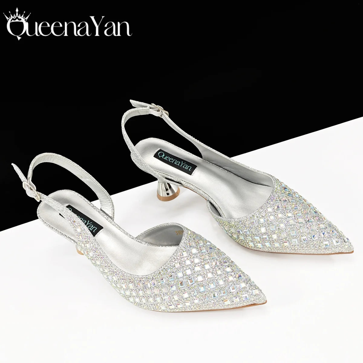 Queena Yan Italian design green rhinestone pointed toe shoe and matching luxury bag set for women’s party high heels.