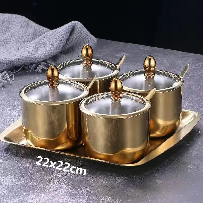 Gold MC THE BLACK DIAMOND 304 seasoning box with glass cap, spoon, and spice jar for salt, soy sauce, and flavoring storage in the kitchen.