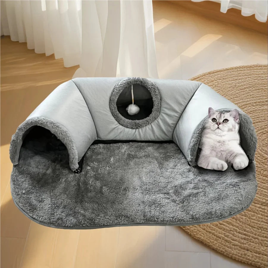 MC THE BLACK DIAMOND Cozy Cat Tunnel Bed and Play Mat for small animals, featuring soft fabric and spacious design for comfort and play.