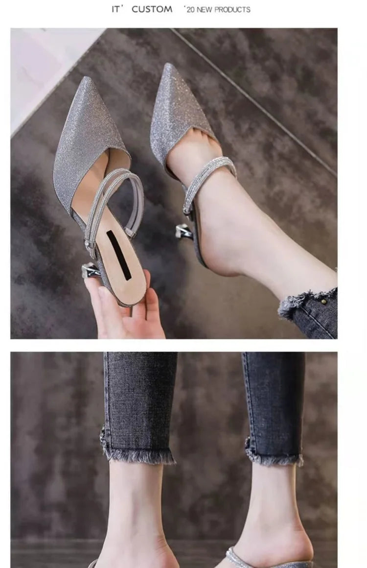 Women's Faionable f Slip-On Sandals by Mohammad Collection featuring thin square heels, blue fairy-like design, and high-end PU material.