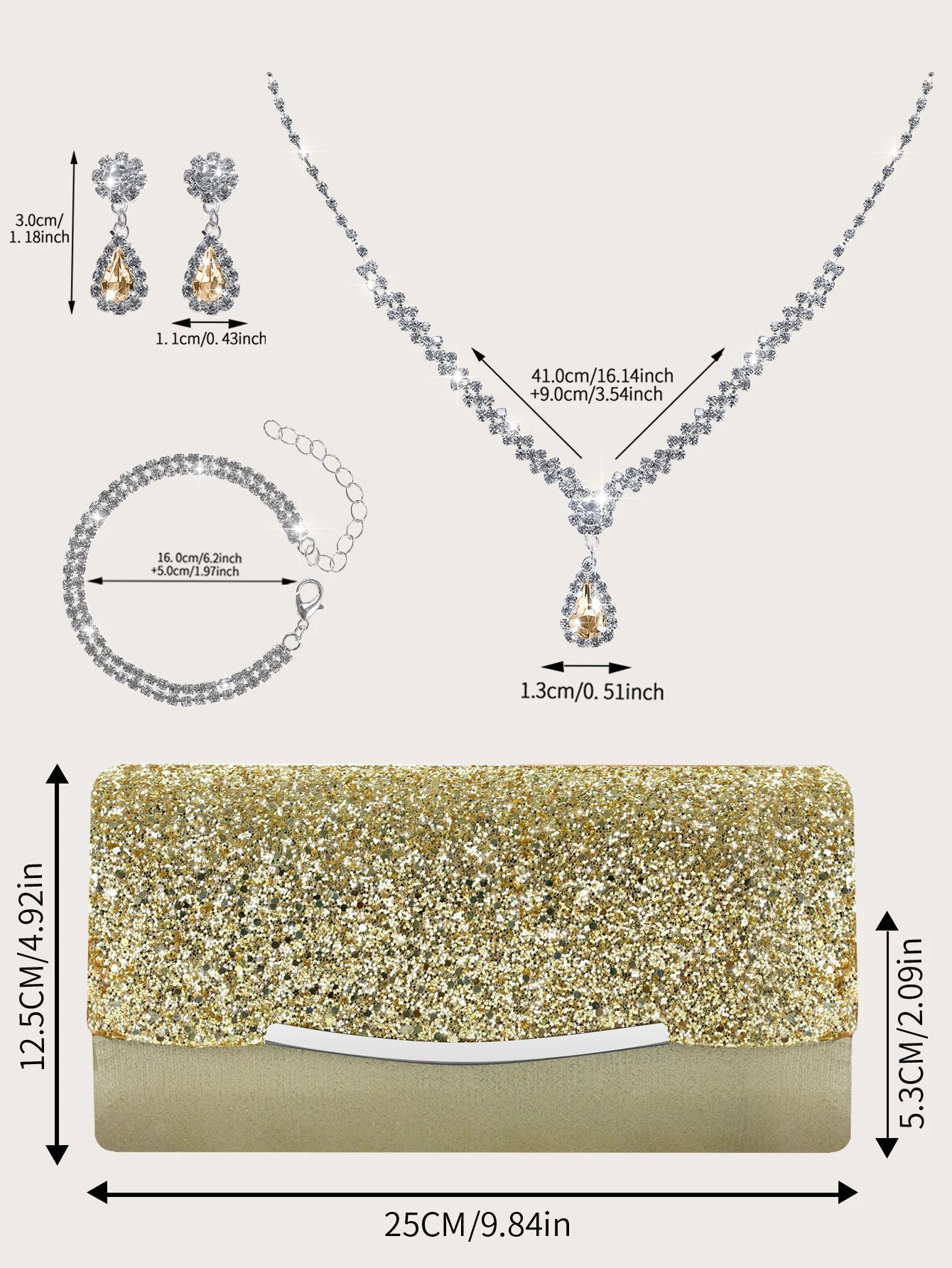 MC THE BLACK DIAMOND sequined women's hand bag with rhinestone jewelry set, including necklace, earrings, and bracelet for elegant evening style.