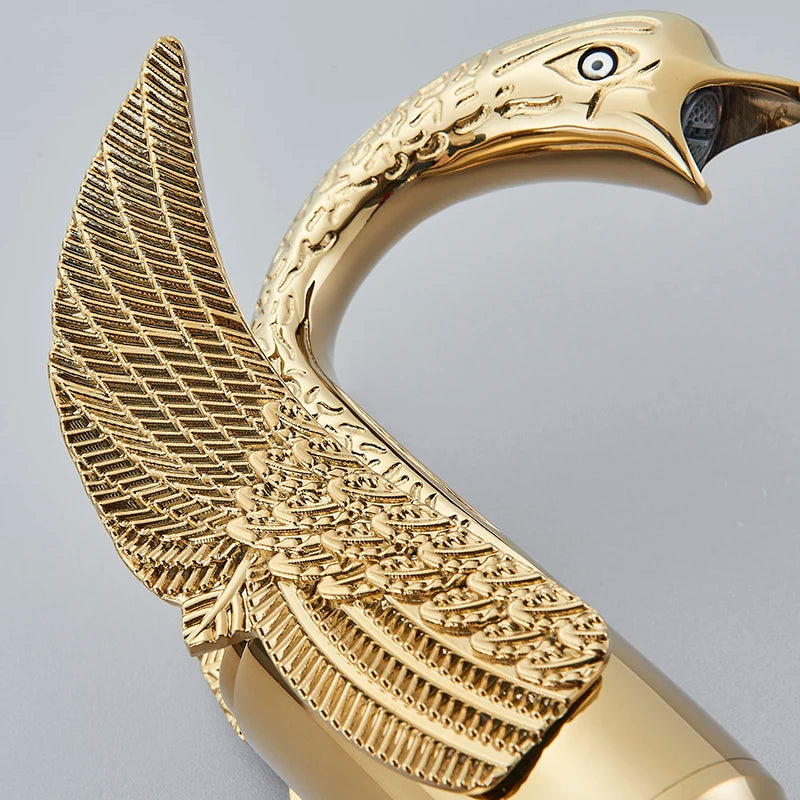 Golden Basin Faucet by MC THE BLACK DIAMOND, deck mount sink hot and cold water mixer tap with swan-shaped spout and single handle.