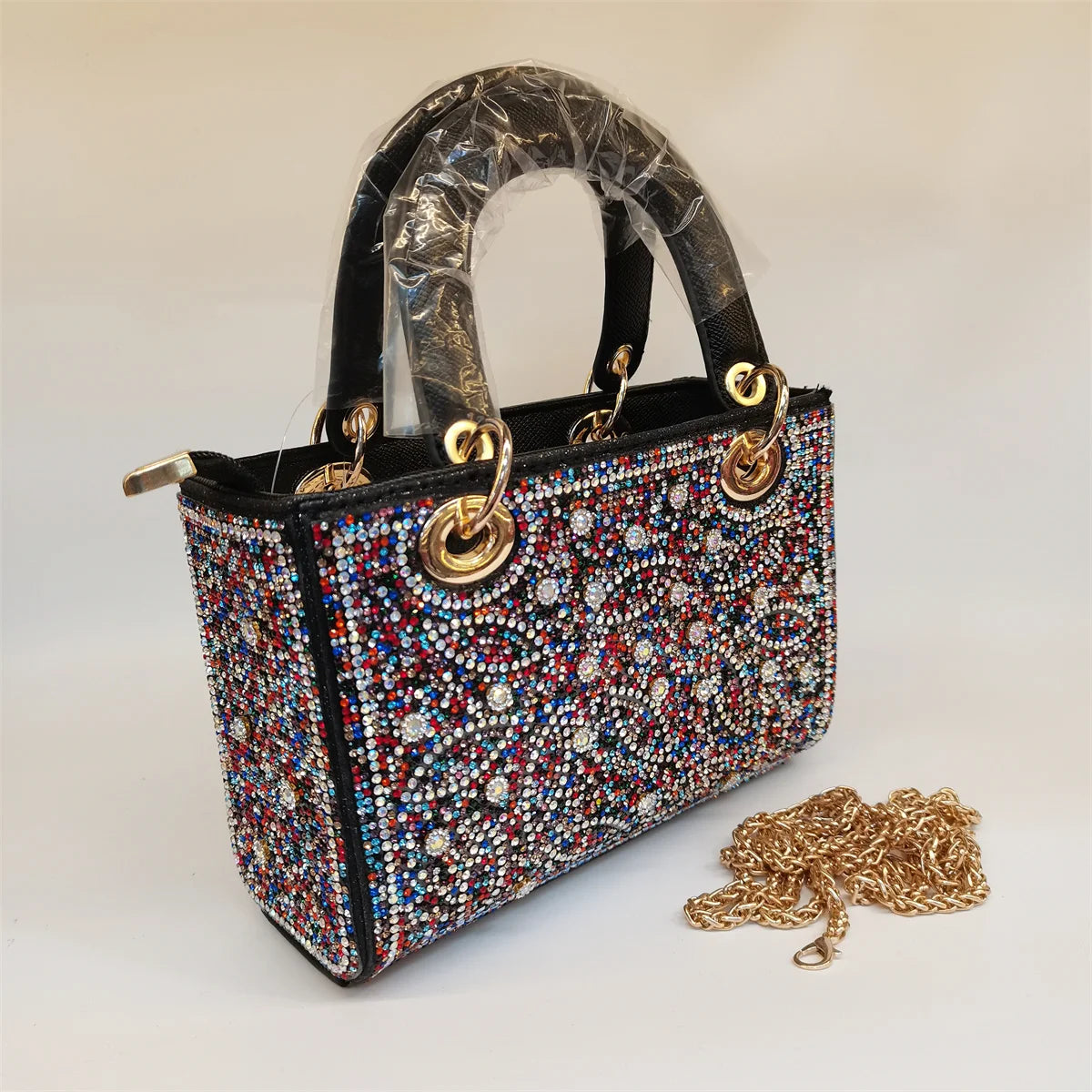 MC The Black Diamond rhinestone evening handbag with long chain, embellished clutch, and casual style, perfect for evening events.