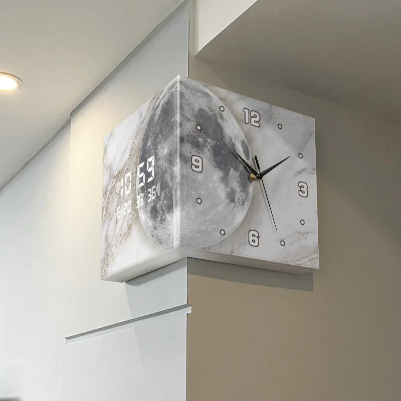 Modern double-sided corner clock and perpetual calendar for living rooms, showcasing sleek electronic wall decor by ๐๐ ๐๐๐ ๐น๐๐๐๐ ๐ป๐๏ฟฝ
