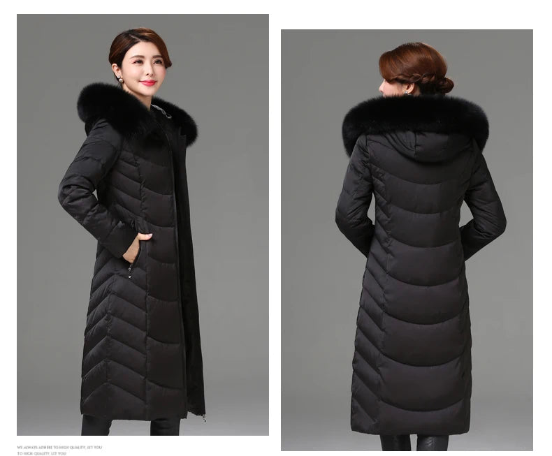 Shengyu Boya women's knee-length down jacket with thick fur collar, slim fit, suitable for middle-aged and elderly women.