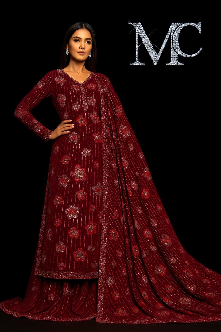 Red velvet floral suit made from Stretch Velvet fabric, featuring a rich red color and intricate floral patterns.