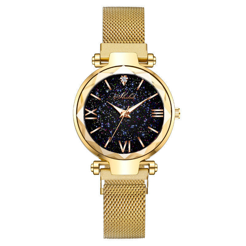 Starry Quartz Watch with Lazy Magnet Strap, Mohammad Collection slip-on shoes, showing sleek design and magnetic strap detail.
