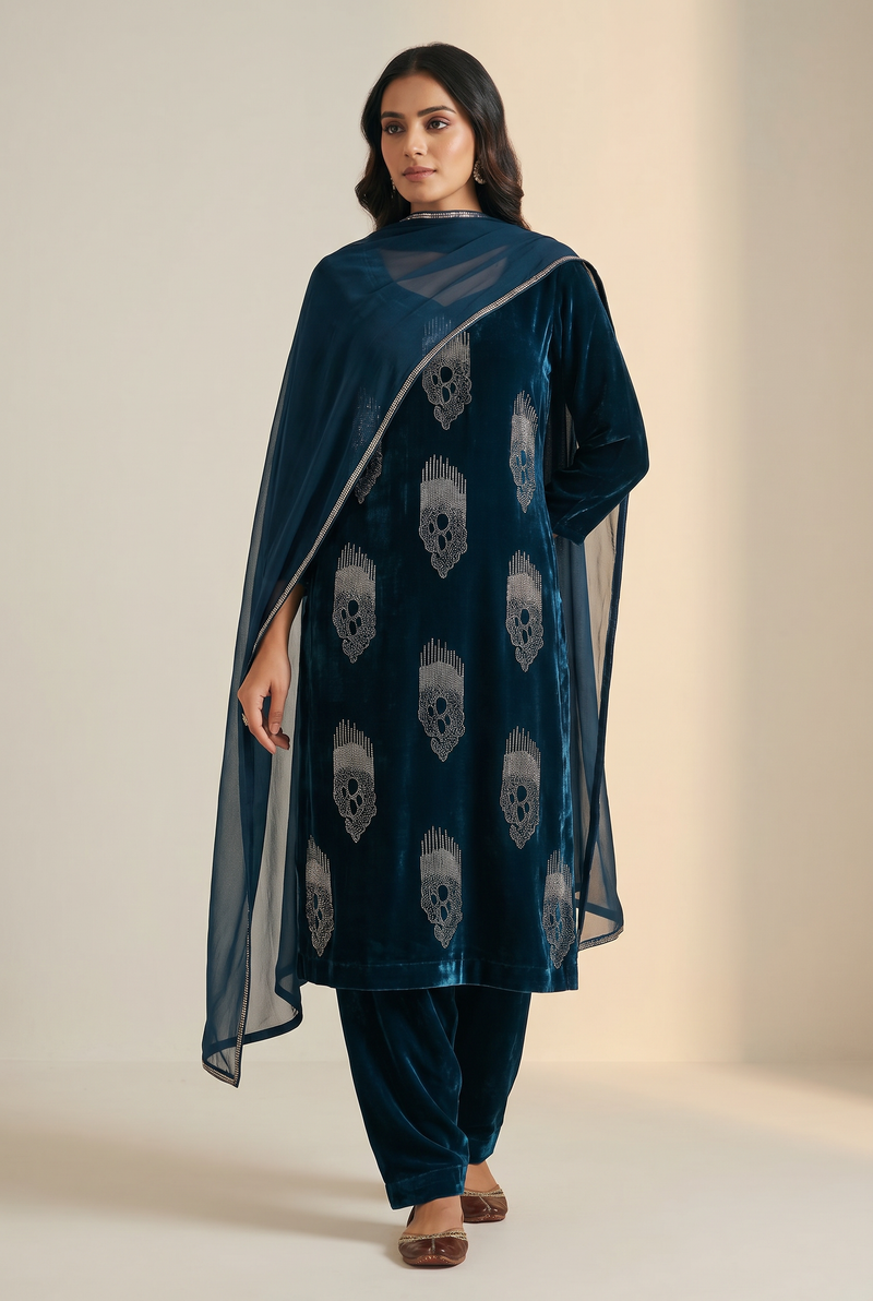 Midnight Sapphire Velvet fabric from MC THE BLACK DIAMOND, showcasing smooth, rich velvet texture in deep blue color.