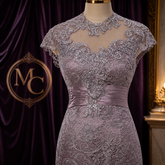 Elegant MC THE BLACK DIAMOND lace mother of the bride gown with high collar, cap sleeves, applique details, and floor-length design.