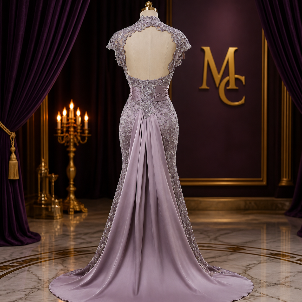 Elegant MC THE BLACK DIAMOND mother of the bride gown with slim lace, high collar, cap sleeves, appliqué, and floor-length design.
