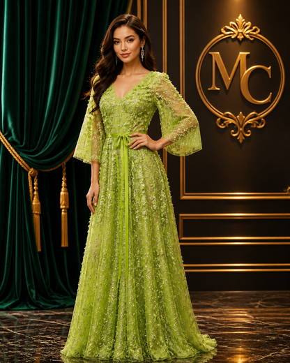 Green luxury evening dress by MC THE BLACK DIAMOND featuring a V-neck, 3D embroidered flowers, suitable for wedding or party occasions.