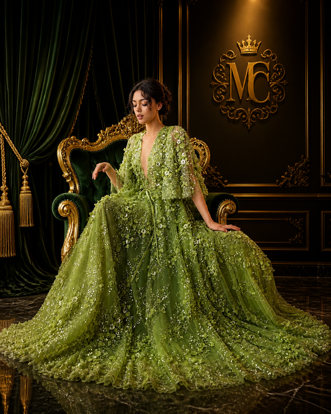 Green luxury evening dress by MC THE BLACK DIAMOND featuring V-neck, 3D embroidered flowers for women’s wedding or party wear.