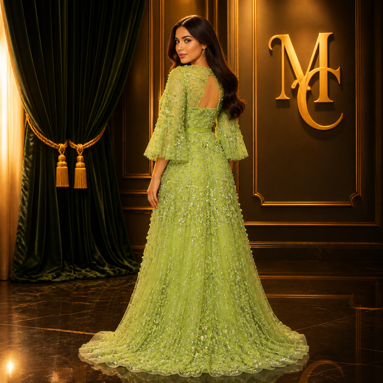 Green luxury evening gown by MC THE BLACK DIAMOND with a V-neck, 3D embroidered flowers, perfect for wedding or party wear.