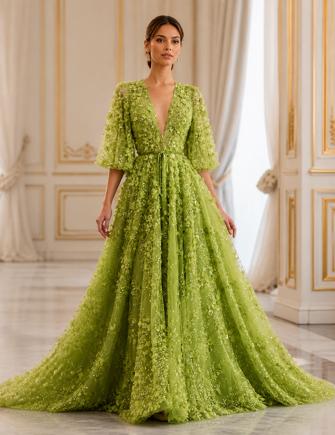 Green luxury evening dress by MC THE BLACK DIAMOND featuring a V-neck, 3D embroidered flowers, perfect for weddings and parties.