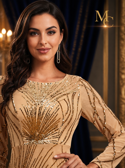 Elegant MC THE BLACK DIAMOND long sleeve sequin tulle evening dress with a mermaid silhouette, perfect for formal and prom occasions.
