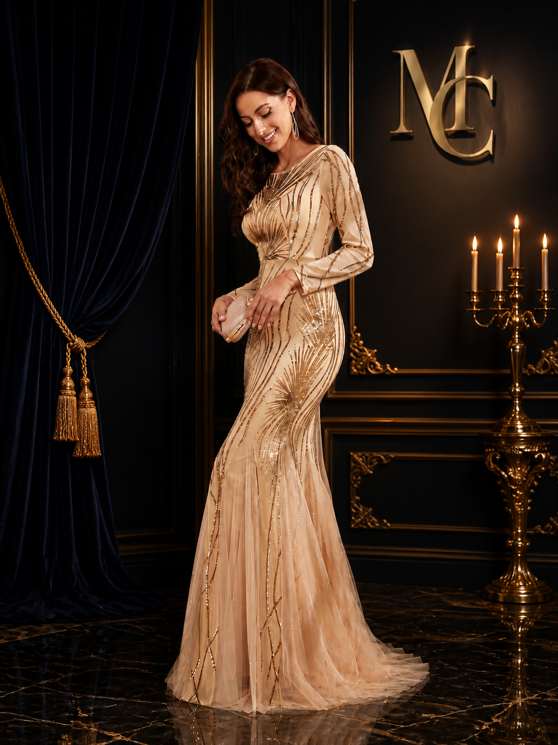 Elegant MC THE BLACK DIAMOND mermaid evening dress with long sleeves, sequins, tulle, ideal for formal parties and proms.