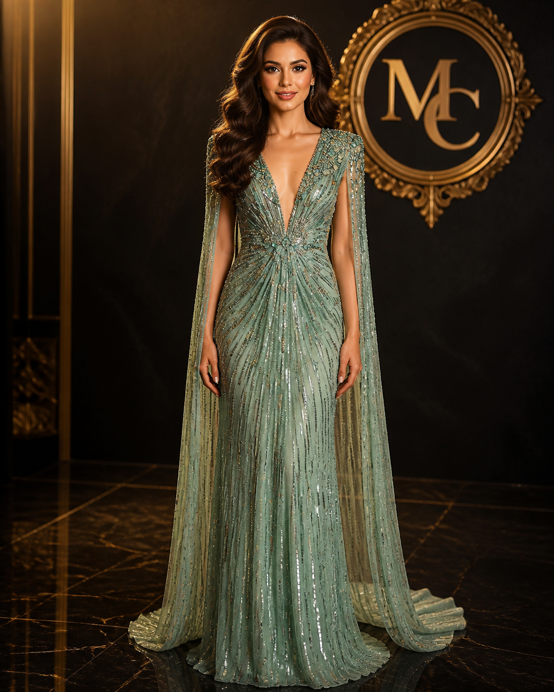 Sharon Said luxury Dubai sage green evening dress with cape, fuchsia crystal accents, gold details, worn by a woman at a wedding or party.