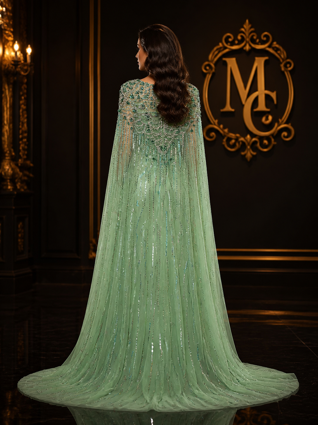 Luxury Dubai Sage Green Evening Dresses with Cape Fuchsia Crystal Gold Women Wedding Party Gowns SS399 Customized