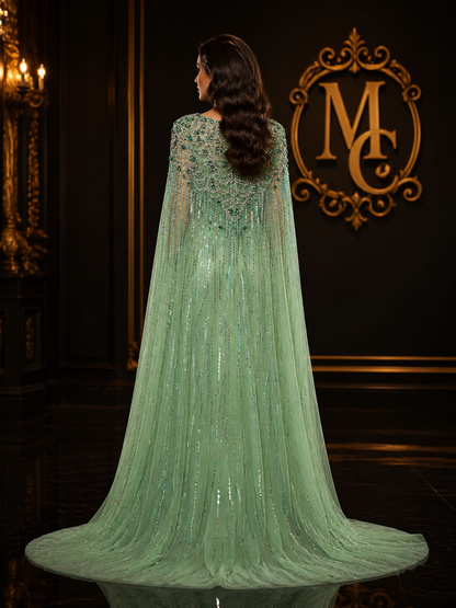 Luxury Dubai Sage Green Evening Dresses with Cape Fuchsia Crystal Gold Women Wedding Party Gowns SS399 Customized