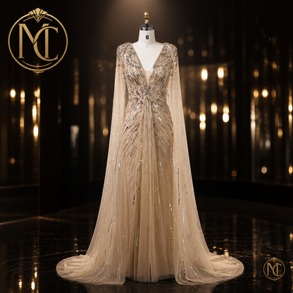Luxury Dubai Sage Green Evening Dresses with Cape Fuchsia Crystal Gold Women Wedding Party Gowns SS399 Customized